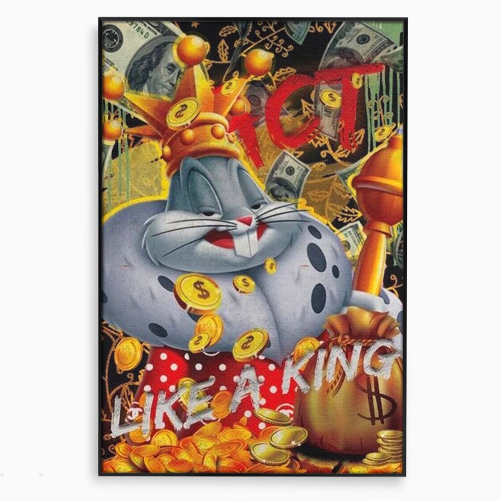 Tablou canvas cu tablou canvas cu bugs bunny rege, in rama de aluminiu negru
